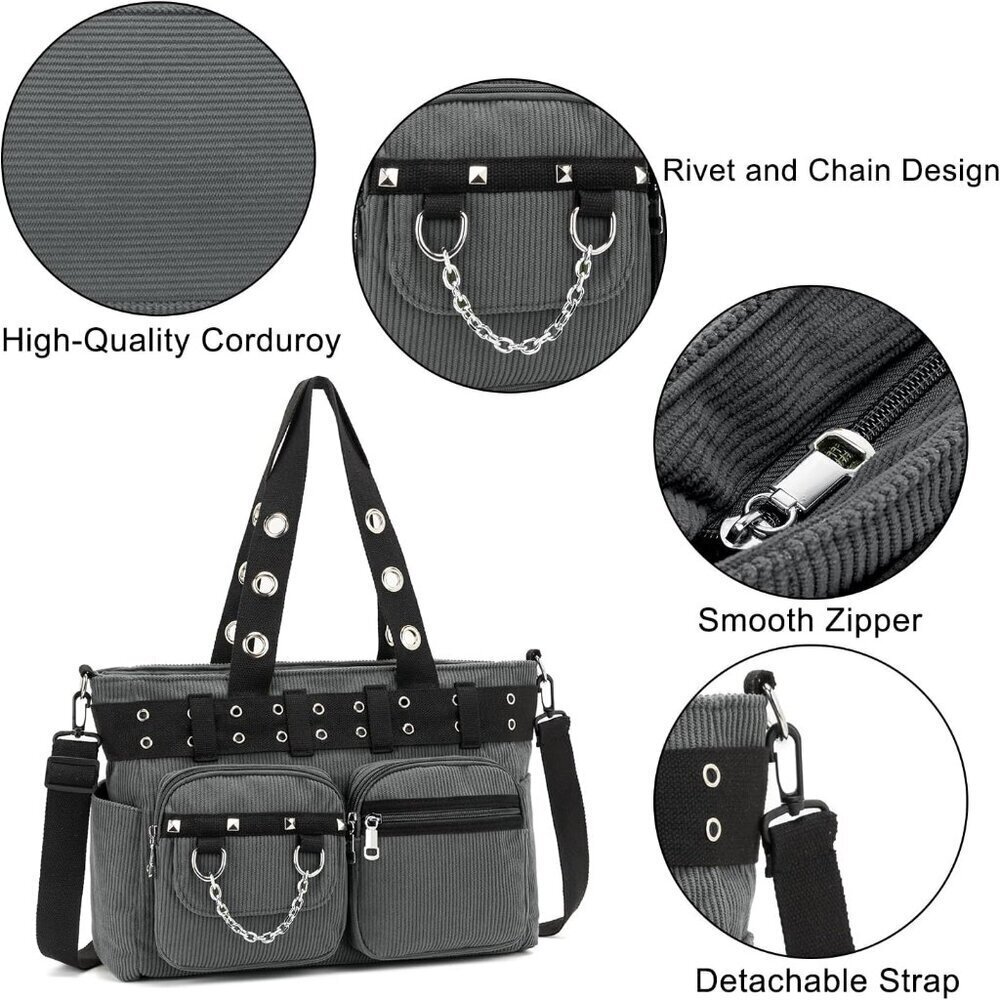 Corduroy Tote Bag Goth Bags for Women Large Gothic Goth Purse for College Work O - Picture 5 of 7